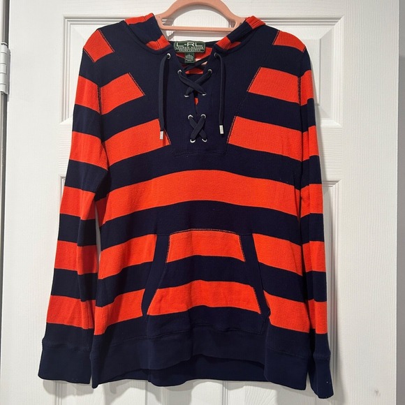 Lauren Ralph Lauren Sweater Women Medium Ladies Orange Blue Striped‎ Outdoors - Picture 1 of 6